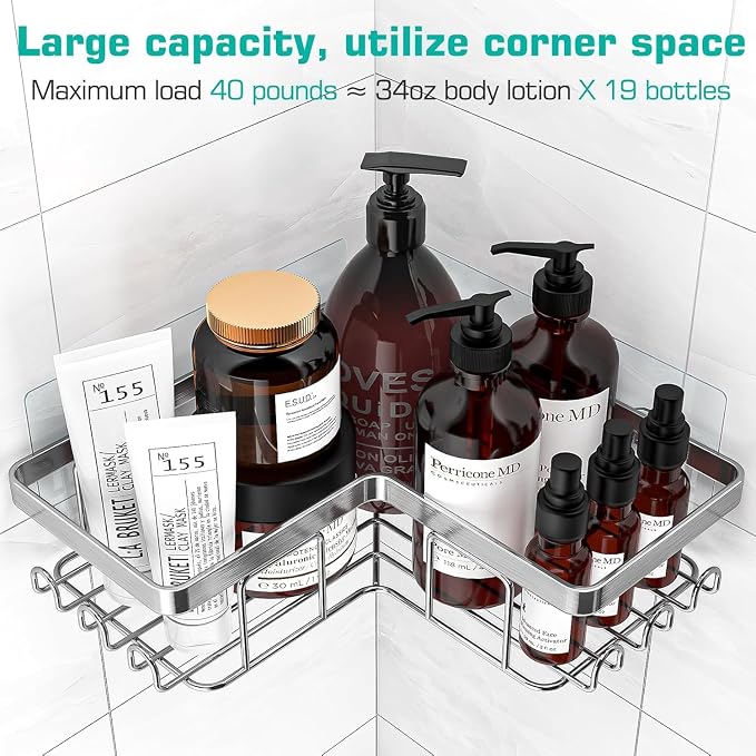YASONIC Corner Adhesive Shower Caddy, with Soap Holder and 12 Hooks, Rustproof Stainless Steel Bathroom Organizer, No Drilling Wall Mounted Rack, Brushed Silver, 3-Pack