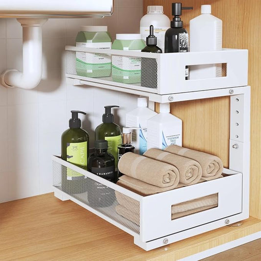 Under Sink Organizer, 2-Tier Dual Pull Out Cabinet Organizer Drawers With Smooth Circular Rail, Large Capacity Metal Mesh Sliding Shelves For Bathroom& Kitchen Storage,Height Adjustable–White,1 Pack