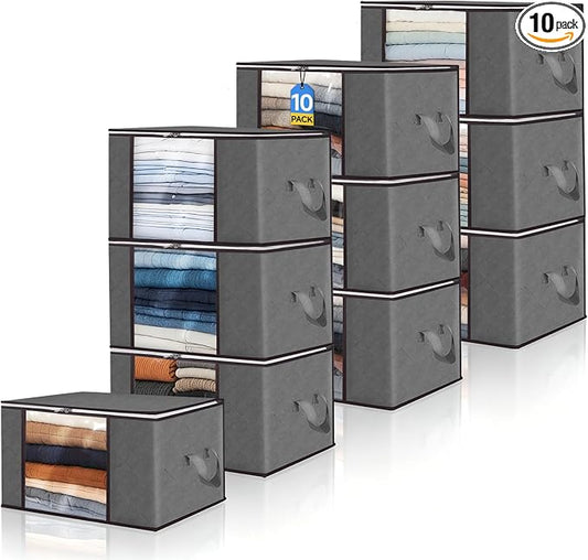 Pterying 10Pack Closet Organizers and Storage Bags with Clear Window & Reinforced Handle, Foldable Clothes Storage Bins with Zippers for Comforter, Blankets, Bedding