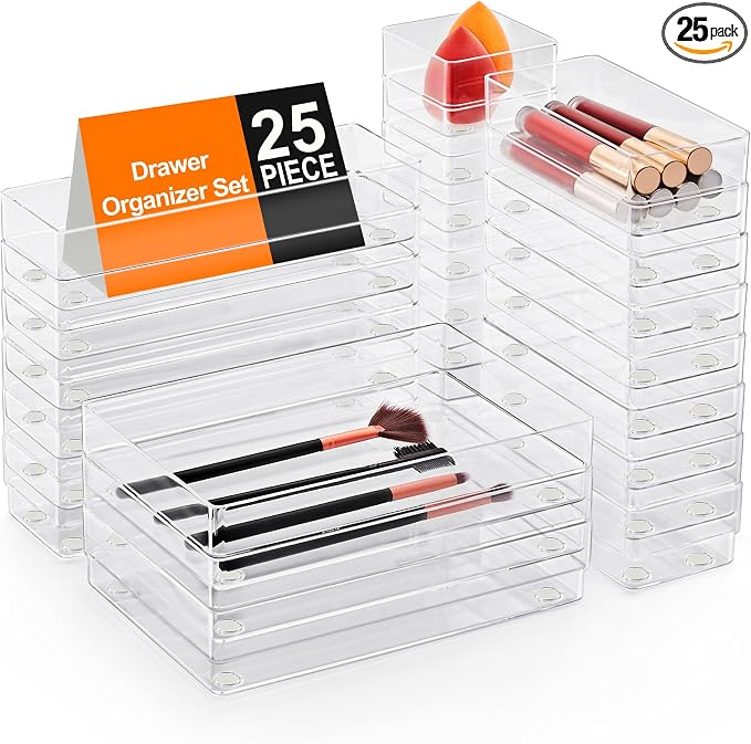 SMARTAKE 25 PCS Drawer Organizer, 4-Size Desk Drawer Organizer Trays | Storage Tray with Non-Slip Silicone Pads for Makeup, Jewelries, Utensils in Bedroom Dresser, Office and Kitchen (Clear)