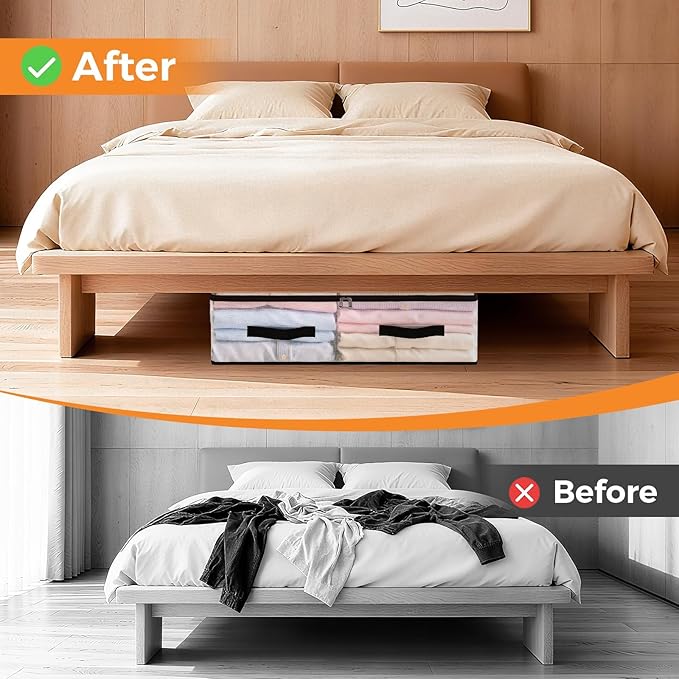 6 Pack Under Bed Storage Bags, 60L Foldable Clear Containers with Handles | Dual Zipper Storage Bins for Comforters, Bedding, Blankets, Closet Organizer for Clothes, Linen Sheets, Sweaters