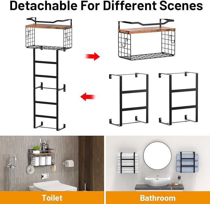 Towel Racks for Bathroom, 34IN Towel Rack Wall Mounted with 2 Pack Towel Shelf and a Wire Basket, Rolled Towel Holder Shelf Bathroom Storage and Organizer, Sturdy Metal & Wood, Black