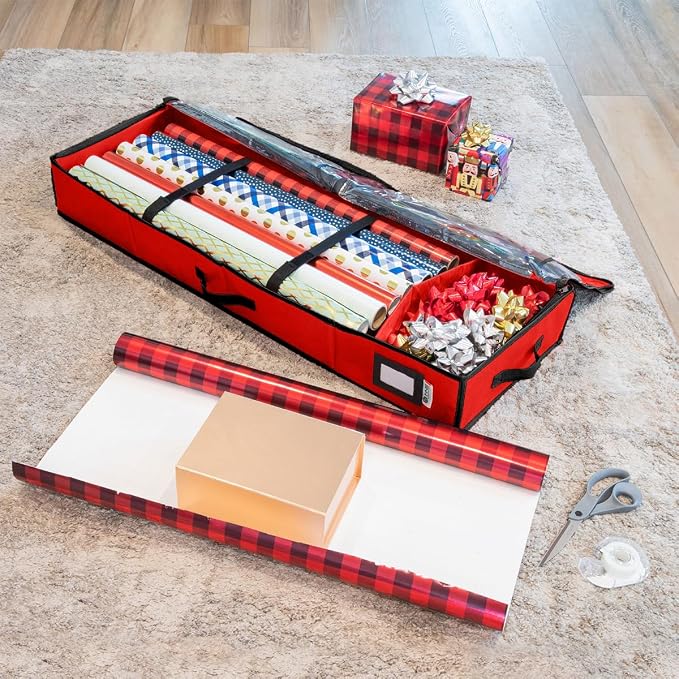HOLDN’ STORAGE Premium Wrapping Paper Storage Container - Durable 600D Tear-Proof, Fits 27 Rolls Gift Wrap, Extra Pockets for Ribbons & Bows, Underbed Storage - Ideal for Holiday Christmas, Red | Durable 600D Tear-Proof, Fits 27 Rolls Gift Wrap, Extra ...