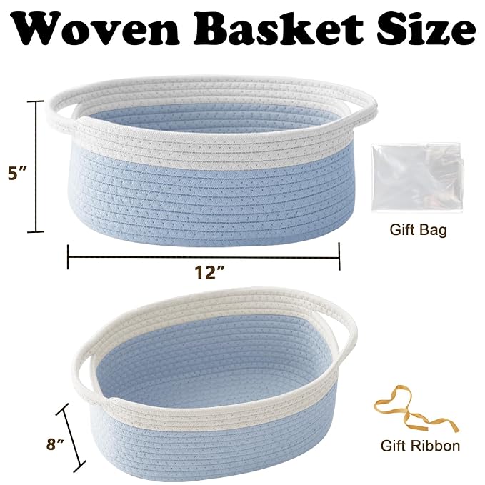 Woven Rope Basket - Baby Gift Basket with Bag & Ribbon, White&Blue | Cotton rope with handle, 12 x 8 x 5 in, gift bag and ribbon, for baby shower, birthday, toy storage, nursery, shelf decor