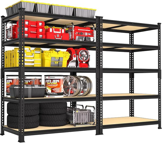 PrimeZone 5-Tier Garage Storage Shelves, Adjustable Metal Shelving, Black | 36" x 16" x 72", Heavy-Duty Metal Frame & Connectors, FSC MDF Boards, 2000 LBS Storage for Garage, Pantry & Closet, 2 PCS
