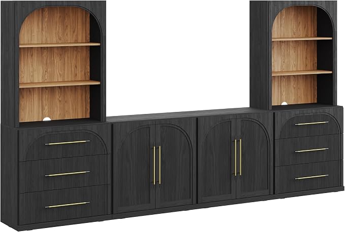BELLEZE 6-Piece Modular TV Stand Set - 2 Sideboards with Drawers, 2 Double-Arc Wood Door Sideboards, and 2 Hutch Cabinets, Classic Modern Media Console with Adjustable Shelves for Living Room (Ebony)