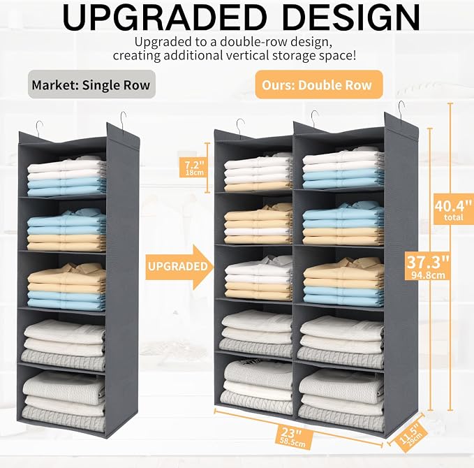 5 Tier Hanging Closet Organizer, Dual Row Wardrobe Storage with Hooks, Grey | 158.3L Extra-Large Closet Storage, Strong Hooks & Thick Fabric Hold Heavy Garments, Foldable Design Saves Closet Space.