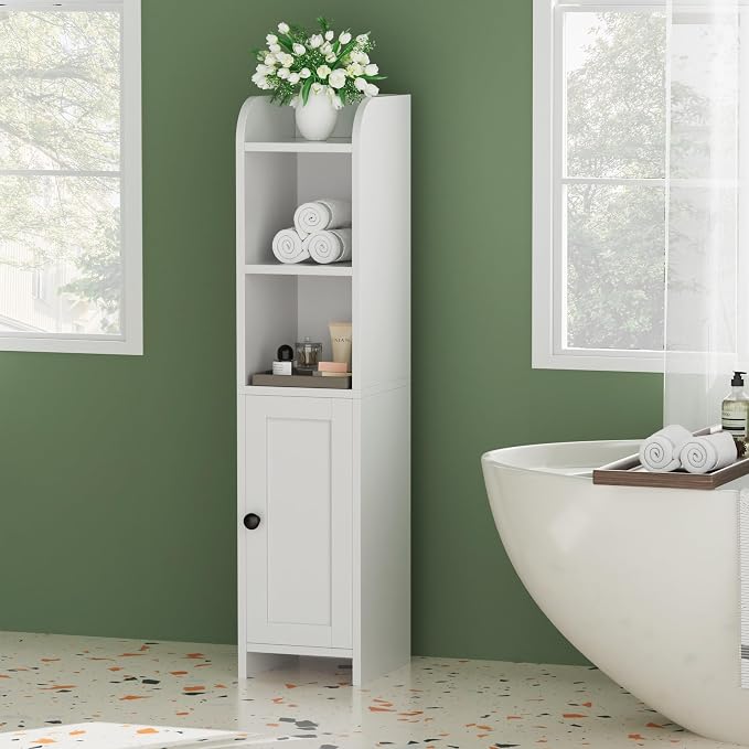 Homhedy Small Bathroom Storage Cabinet, Narrow Toilet Paper Cabinet | Corner Floor Cabinet with Door and Shelves, Slim Bathroom Cabinet for Small Spaces, 7.9" D x 7.1" W x 31" H, White