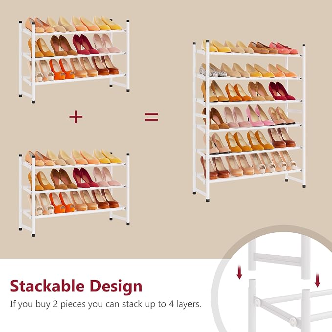 Expandable Shoe Rack for Closet 3 Tier, 28“-41“Stackable, White | Adjustable Shoe Organizer Closet Shoe Rack Floor, Metal Shoe Shelf Storage for Entryway, Closet, Garage, Front Door Entrance