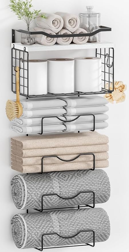 Towel Racks for Bathroom,Towel Rack Wall Mounted, 6 Tier Rolled Or Folded Towel Holder with Floating Shelves, Bathroom Towel Holder for Bath, Hand Towels,Metal,White Wood Panel