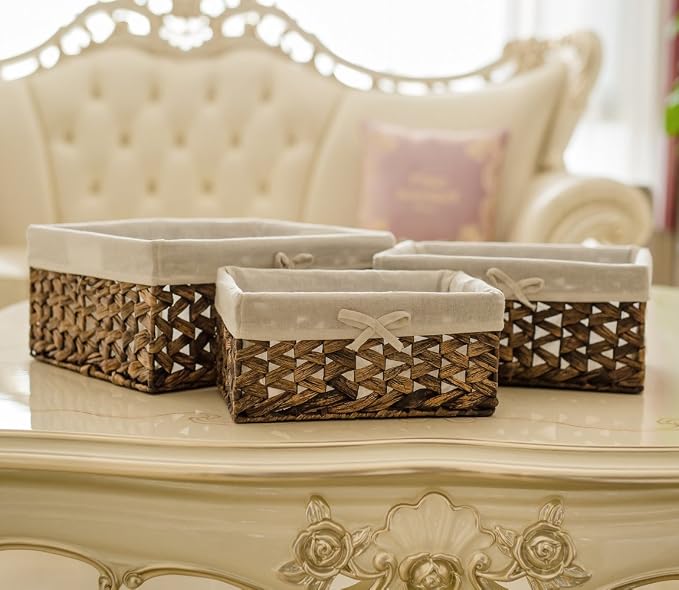 Water Hyacinth Storage Baskets Set of 3 with Metal Frame & Removable Liner, Large Medium Small Rectangular Woven Organizer Bins for Closet, Bedroom, Bathroom, Kitchen, Home Organization