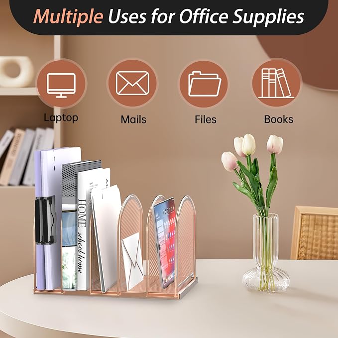 5-Section File Organizer for Desk, Metal File Folder Holder, Rose Gold | 5 Vertical Compartments with Sturdy Metal Base for Office Documents Books Magazines and Laptop
