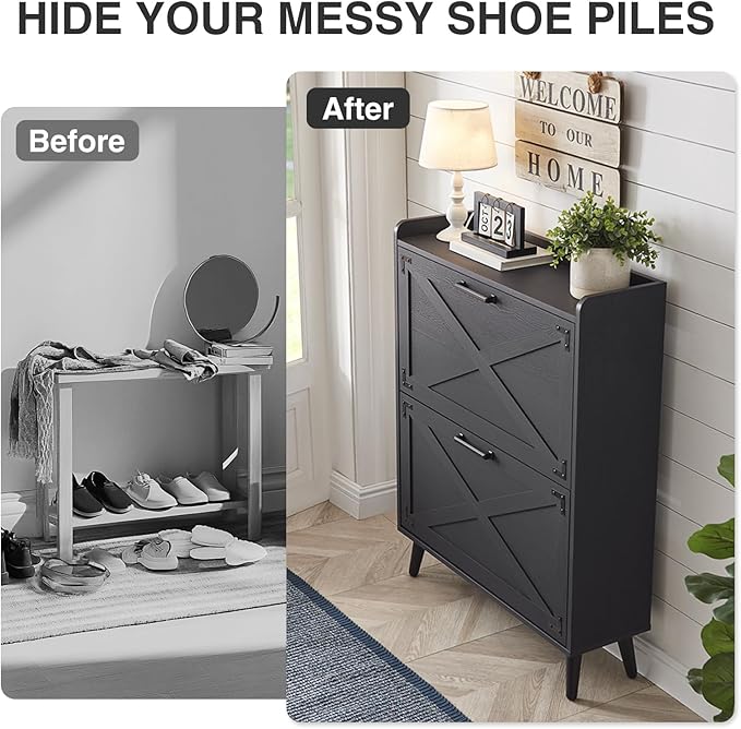 Barnyatoh Farmhouse Shoe Storage Cabinet with 2 Flip Drawers & Barn Door | Freestanding Hidden Slim Narrow Shoe Rack, Adjustable Shelves,Wood Shoes Organizer for Entryway, Foyer, Hallway, Black