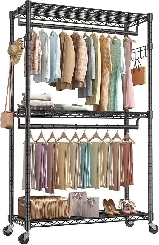 OLIXIS Rolling Clothes Rack, Heavy Duty Garment Rack, 47 IN, Metal Black | Adjustable Closet Organizer for Hanging Clothes, Portable Closet with 2 Side Hooks