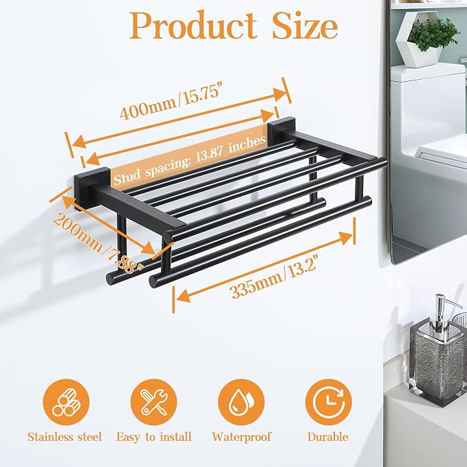 Alise Double Towel Rack for Bathroom Wall Mounted 16 Inch,Matte Black | Bathroom Tower Holder Towel Shelf with Double Towel Bars,SUS304 Stainless Steel Towel Rack with Shelf for Lavatory Kitchen