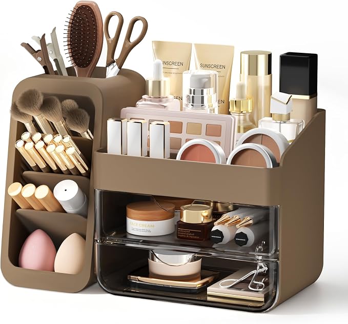 Countertop Makeup Skincare Organizer with Adjustable Brush Holder, Taupe | Extra Thick Plastic, Clear Drawers, Large Bathroom Vanity Counter Organizer, Cosmetic Storage for Perfume, Lipstick, Palettes