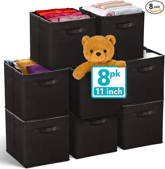Reli. Storage Cubes (8 Pack) | Black Fabric Cube Bins 11"x11" | Collapsible Organizer | Reinforced Handles | Space-Saving Foldable Design | Children's Toys, Clothes, Craft Supplies, Linens