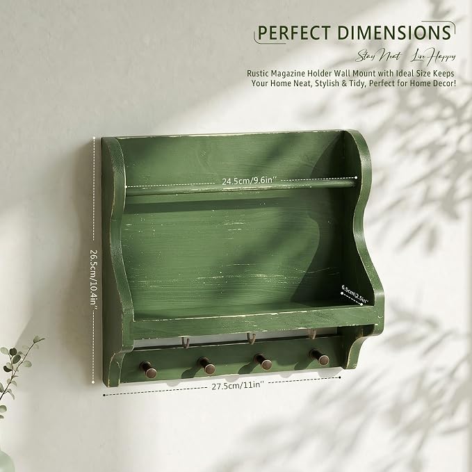 Pine Wood Mail Organizer Wall Mount with 7 Key Hooks for Room Decor, Green | Mail Holder for Wall, Key Hanger for Sunglasses and Wallets, Mail, Farmhouse Magazine Holder, Home Organization, Wood Decor