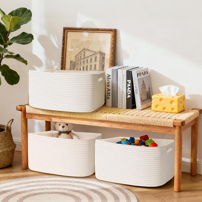 4 Pack Large Storage Basket for Organizing, 17.5"x13"x7" Woven Basket for Shelves, Closet Cube Storage Bins with Wrapped Handle, Cotton Rope Baskets for Kitchen, Clothes, Toys(Off White)