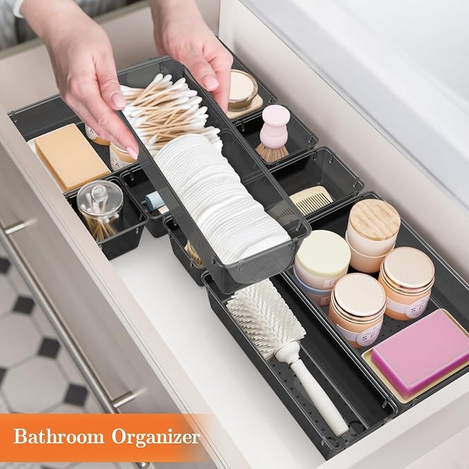 SpaceHacks 25 PCS Plastic Drawer Organizer Set, 4-Size Versatile Organizer Tool Trays & storage Bins for Makeup, Jewelry, and Gadgets in Bathroom, Bedroom and Office,Clear Black