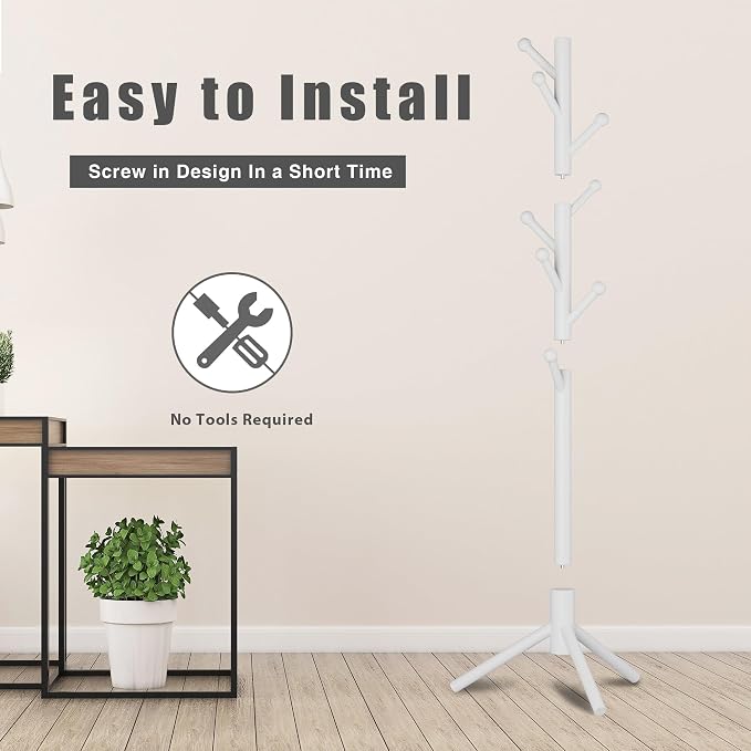 8-Hook Freestanding Coat Rack 3 Heights Safe Round Tips White | Smooth Round Tips Prevent Slipping,Tool-Free Assembly,Holds Clothes Hats Handbags,Ideal for Entryway Bedroom Hallway Office