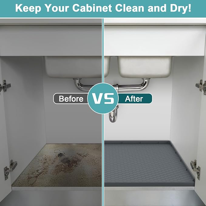 Under Sink Mats for Kitchen Waterproof 31" x 22", Silicone Under Kitchen Sink Mats and Protectors, Under The Sink Organizer for Kitchen and Bathroom Gray
