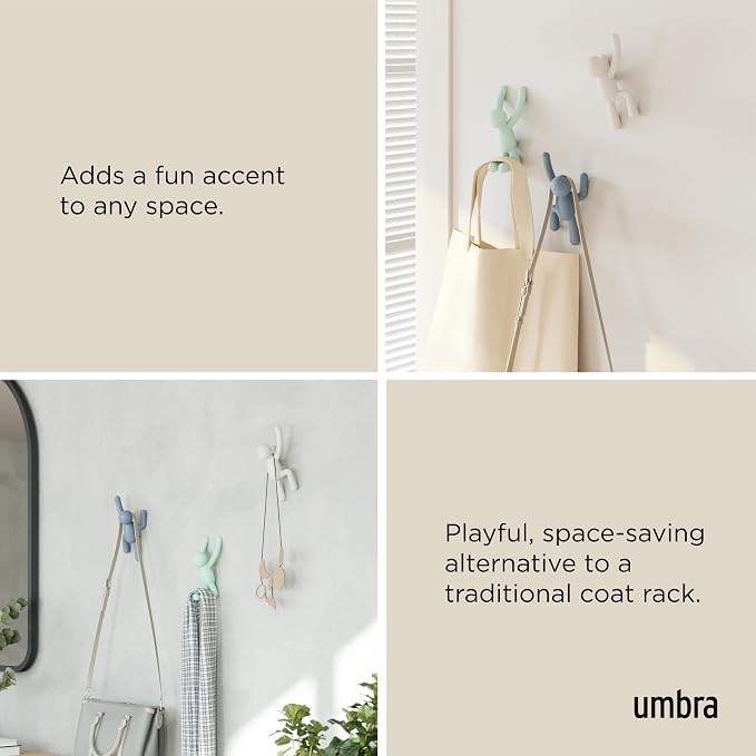 Umbra Buddy Wall Hooks, Wall Mount Coat Hooks, Set of 3, White/Mint/Blue | Easy install with hardware, holds 5lbs per hook, entryway bedroom bathroom dorm, playful hanging storage, recycled plastic