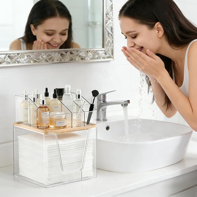 SPOSPO 2 in 1 Disposable Facial Towel Holder and Cosmetic Organizer | Clear Storage with Bamboo Lid Compatible with Clean Skin Club Towel XL, Vanity Organizer for Bathroom Vanity Counter (2 Pack)