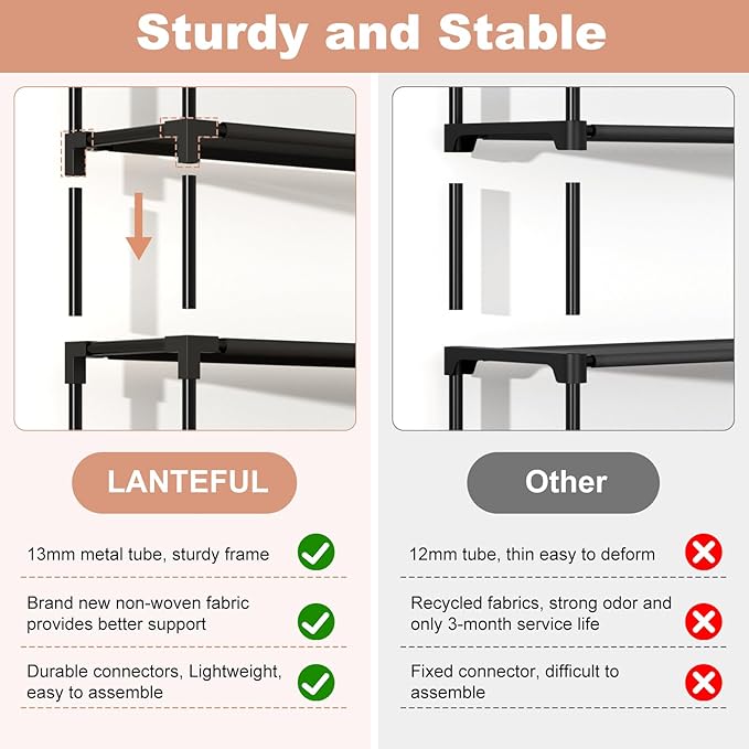 LANTEFUL 10 Tiers Shoe Rack 50 Pairs Large Capacity Tall Shoe Organizer Sturdy Shoe Storage with Two Hooks Space Saving Metal Wide Shoe Rack for Closet, Entryway, Bedroom, Black
