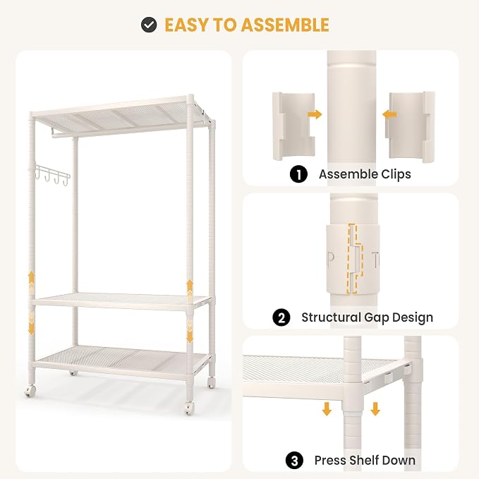 3 Tier Clothes Rack with Wheels and Adjustable Shelves & Hanging Rod Heavy Duty Garment Rack Wardrobe Closet for Hanging Clothes 45.28L*17.72W*70.24H Gray