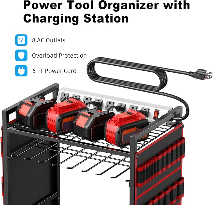 JUNNUJ Power Tool Organizer Cart with Charging Station, 6 FT Cord, Red | Floor Standing, Large Garage Rolling Storage Cart on Wheels, Heavy Duty Drill Battery Storage Rack, with 8 Outlet Power Strip