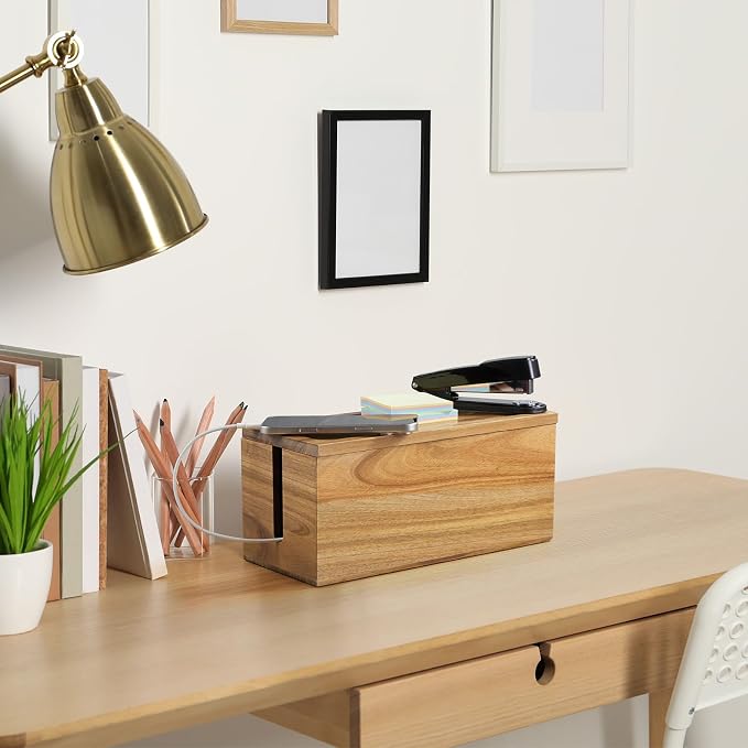 Bivvclaz Cable Management Box Medium, Acacia Wooden Cord Organizer Box for Desk, Floor, Office to Hide Extension Cords Power Stripes Surge Protectors Chargers Wires