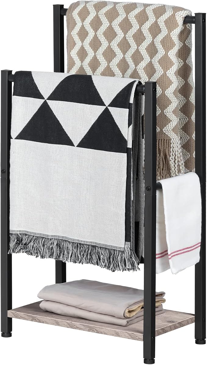 HOOBRO Freestanding Towel Rack, 2 Tier Blanket Ladder Holder for Bathroom, 16.5" L x 9.4" W x 31.5" H, Blanket Rack, Industrial Drying and Display Rack with Shelf, Metal, Greige and Black BG02LB01
