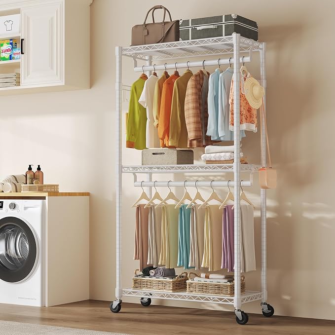 OLIXIS Clothes Rack Heavy Duty Adjustable Garment Clothing Rack with Wheels, Rolling Metal Freestanding Closet Organizer for Hanging Clothes with 2 Side Hooks, Double Rods, 35" x 15" x 75", White