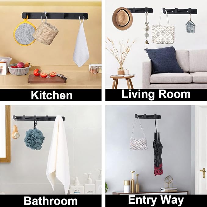 Coat Rack, Heavy Duty Stainless Steel 4 Tri Coat Hook Hanger, Wall Mounted Wall Hooks, Rustic Clothes Hook/Key Hook Rail for Bathroom Kitchen Entryway(2 Pack, 4 Hook Black)