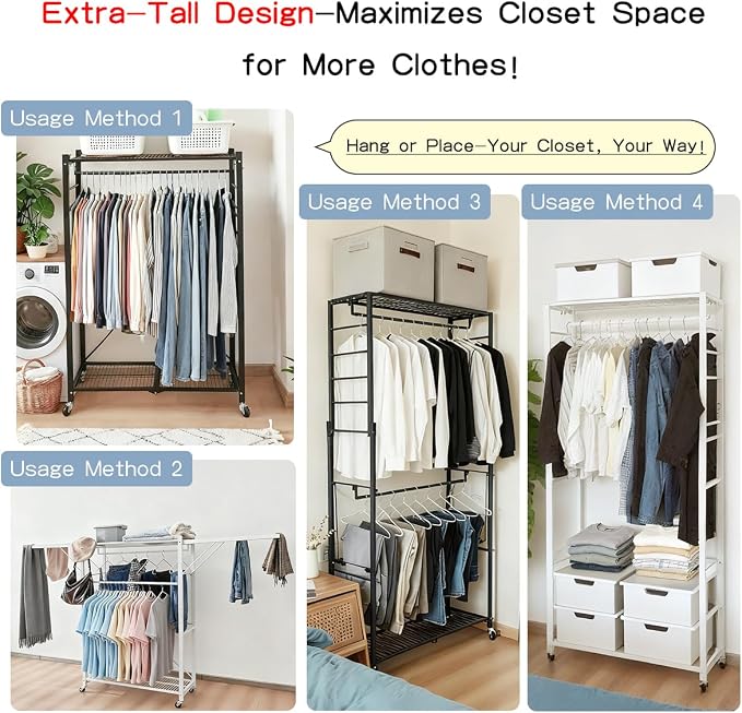 lumizone Folding Clothing Rack with Wheels Expandable White | Adjustable Garment Rack Portable Clothes Rack for Hanging Clothes Closet Shelves Durable Closet Racks for Hanging Clothes