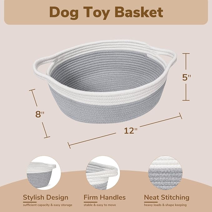 Goodpick Small Woven Rope Gift Basket Empty, 12"x 8"x 5" Boo Basket, Grey | Baby Basket for Baby Showers Toys, Fits Living Room Nursery Bedroom Organization, Dog Toy Storage, with Durable Handles