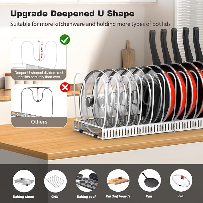 Housolution 2 Pack Pot and Pan Lid Organizer Holder Storage Rack, White | 12"-23" Expandable, 14 Adjustable Dividers, Sturdy Metal Construction, Easy Assembly