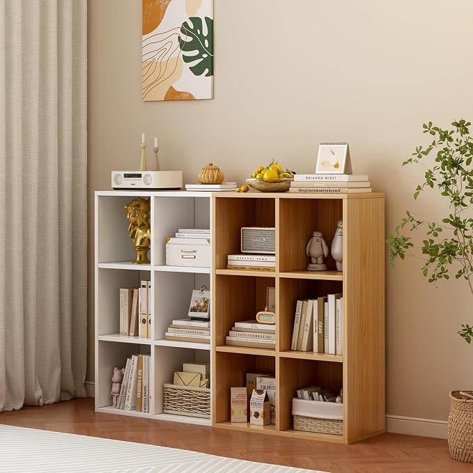 OSCHF 6-Cube Storage Shelf Bookcase, Oak | Wooden 3-Tier Open Bookshelf, Fits 11×11" Bins, Vertical or Horizontal Use, Full Back Panels, For Home Office