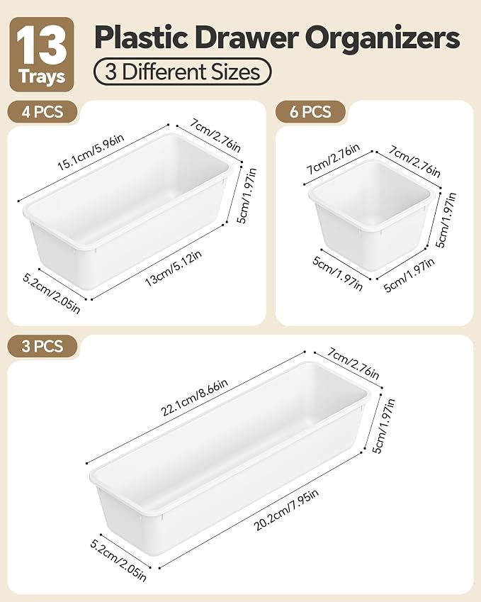 Canfanni 13 Pack Plastic Drawer Organizers Set, 3 Sizes Desk Drawer Organizer Trays for Vanity and Makeup Organizer, Organization and Storage for Makeup, Kitchen Utensils, Bathroom and Office(White)