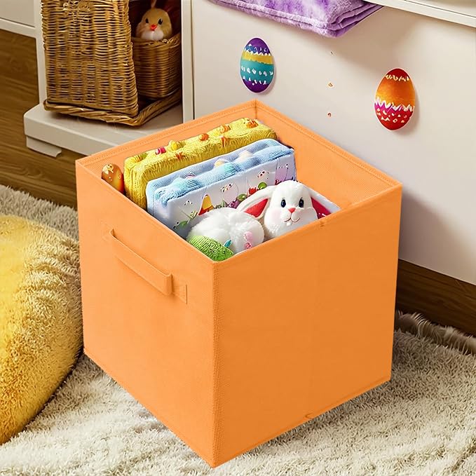 PowerKing Collapsible Storage Cubes, Farbic Storage Bins, Orange, 2 Pack | Sturdy, Lightweight, Easy Pull Handle, Closet & Shelf Organizer, Clothes and Toys Storage, 10.5'' x 11'' x 10.5''