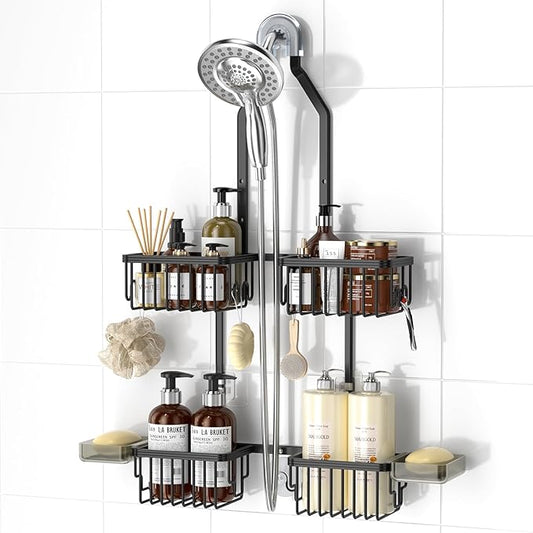 Adjustable Aluminum Shower Caddy Hanging for Handheld Showerhead, Black | Rustproof Aluminum, Shower Organizer, Anti-Slip, Quick-Drain Shelf, 40lbs Capacity, Suction Cups, 8 Hooks, Razor Soap Holders