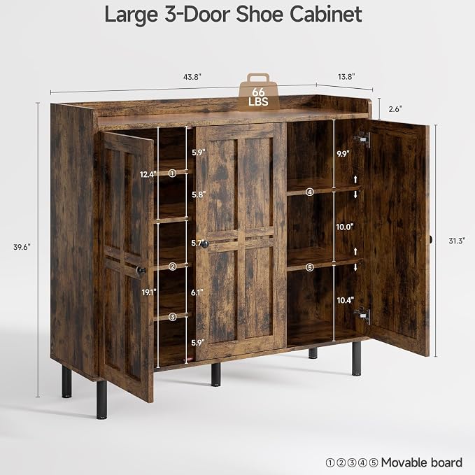 Shoe Storage Cabinet with 3 Doors, 8-Tier Shoe Cabinet with 5 Adjustable Shelves and Metal Legs, 40'' Tall Shoe Rack Organizer Cabinet for Entryway, Front Door, Rustic Brown