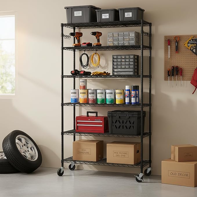 Folews 6-Tier Metal Storage Shelf with Wheels NSF Wire Shelving Unit, Black | Adjustable Storage Rack for Kitchen Garage Pantry Laundry Room, 36" W x 14" D x 75" H Rolling Shelf Organizer, Easy Assembly