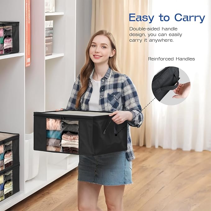 Clothes Storage Bags, Foldable Thick Fabric Blanket Storage Bags, Large Clear Window & Carry Handles, Great for Clothes, Blankets, Closets, Pillows (Black, 6PACK)