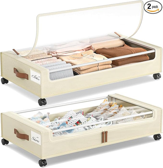 Yecaye 60L Under Bed Storage Containers with Wheels, 2 Pack Under Bed Storage Containers, Underbed Shoe Storage with Clear Window & Label, Rolling Under Bed Metal Drawer for Shoes, Clothes, Beige