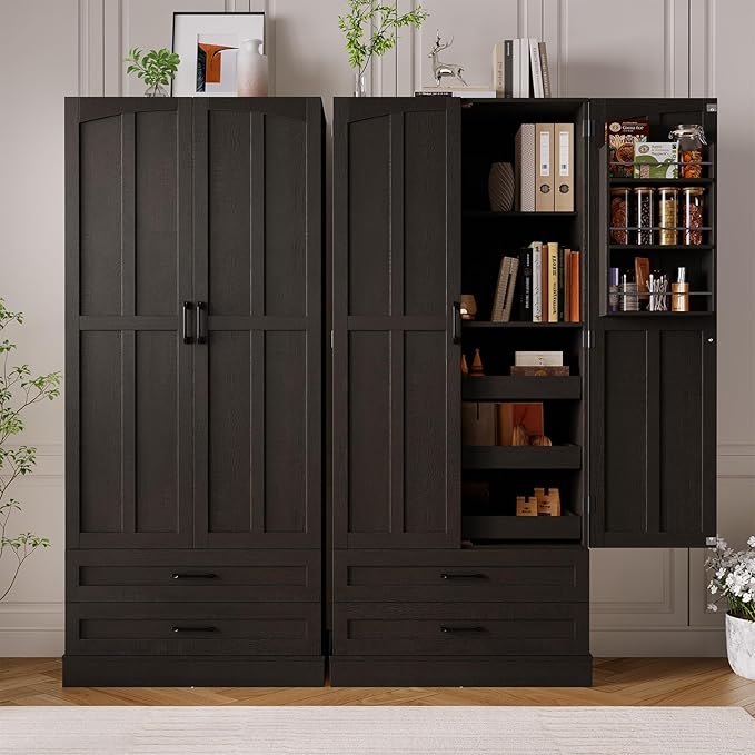 71" Tall Farmhouse Kitchen Pantry Cabinet with 3 Pull Out Shelves & 2 Large Drawers, Pantry Storage Cabinet with 6 Door Shelf & Adjustable Shelf, Freestanding Cupboard for Kitchen, Dining Room