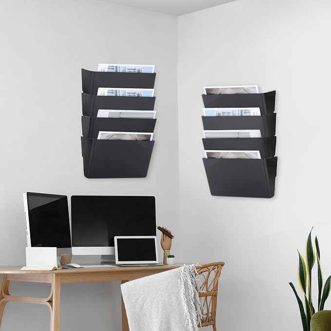 EASEPRES 8 Pack Black Plastic Single Pocket Hanging File Organizer, Wall Mount Paper Mails Magazines Holder, Mounted Folder Bins for Office School and Home, 12.99x4.13x7.48 inches