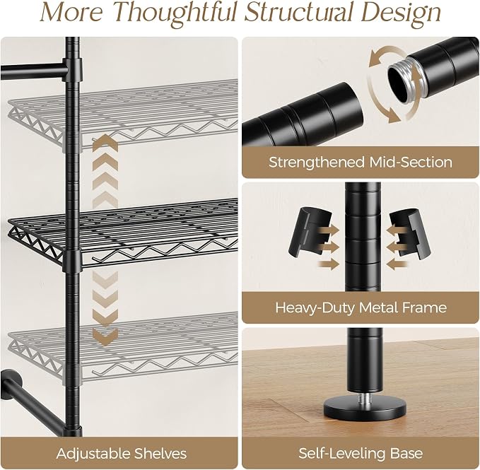 Closet Organizers and Storage, 6-Row Heavy Duty Clothes Rack for Hanging Clothes, Wall Mounted Closet System with 6 Telescopic Rods, 3 Fixed Rods, 7 Hooks, 9 Shelves for Wardrobe, Bedroom, Small Space