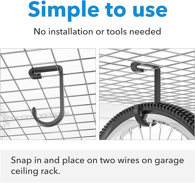 bussdis Thickened Bike Hooks for Garage Ceiling Rack: Heavy Duty Overhead Storage Rack Hook for Bicycle, Hold 50 lb, Safe Rack Bike Hanger, Metal, 4 Pack
